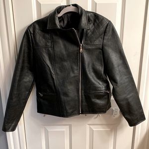 Women’s black leather asymmetrical jacket